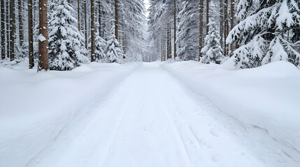 Snowy forest path, winter landscape, tranquil scene, nature background