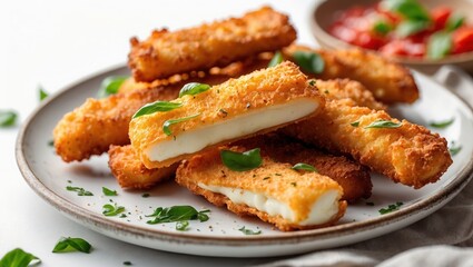 Crispy mozzarella sticks with basil and dipping sauce on a plate.