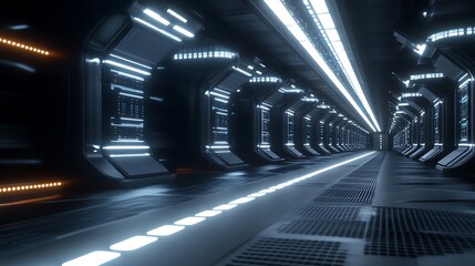 Rows of futuristic AI servers with glowing LED strips in a minimalistic, high-tech space, pulsating with digital activity.
