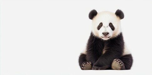 Fototapeta premium Adorable Panda Cub Sits Calmly on White Background, Wildlife Animal Theme.