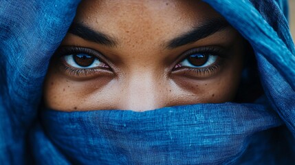 Naklejka premium Young woman wearing blue scarf staring with intense eyes