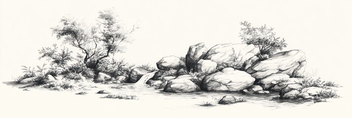 Fototapeta premium Tranquil Waterfall Scene Amidst Rocks and Trees