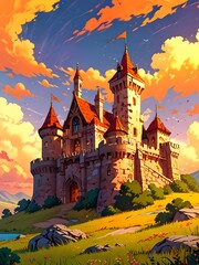 Majestic medieval castle on a hill at sunset. Stunning fantasy landscape with vibrant colors, perfect for fairytale, history, or travel projects.