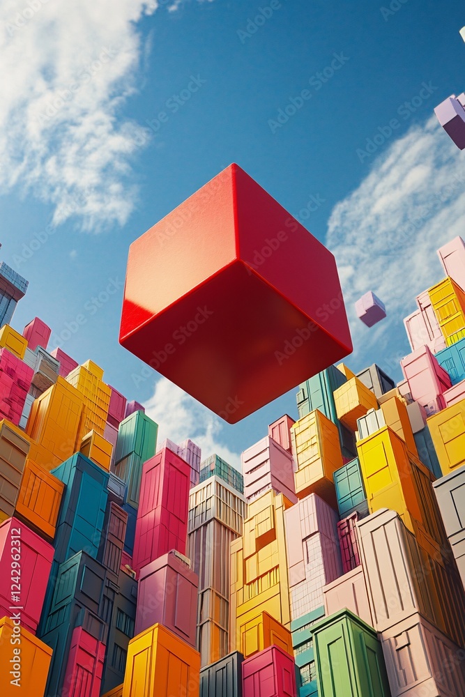 Poster red cube floating over a colorful abstract city under blue sky