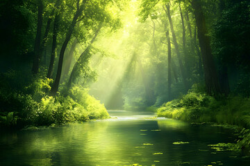 Obraz premium Serene forest river under sunlit canopy