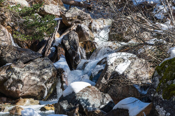 Mountain river flows in turbulent foaming stream in stone bed between huge boulders. Pure emerald water originates from mountain glaciers of North Caucasus. Dombay. Karachay-Cherkessia.