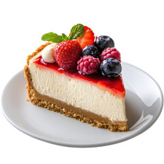 Delicious slice of cheesecake with fresh berries and vibrant topping
