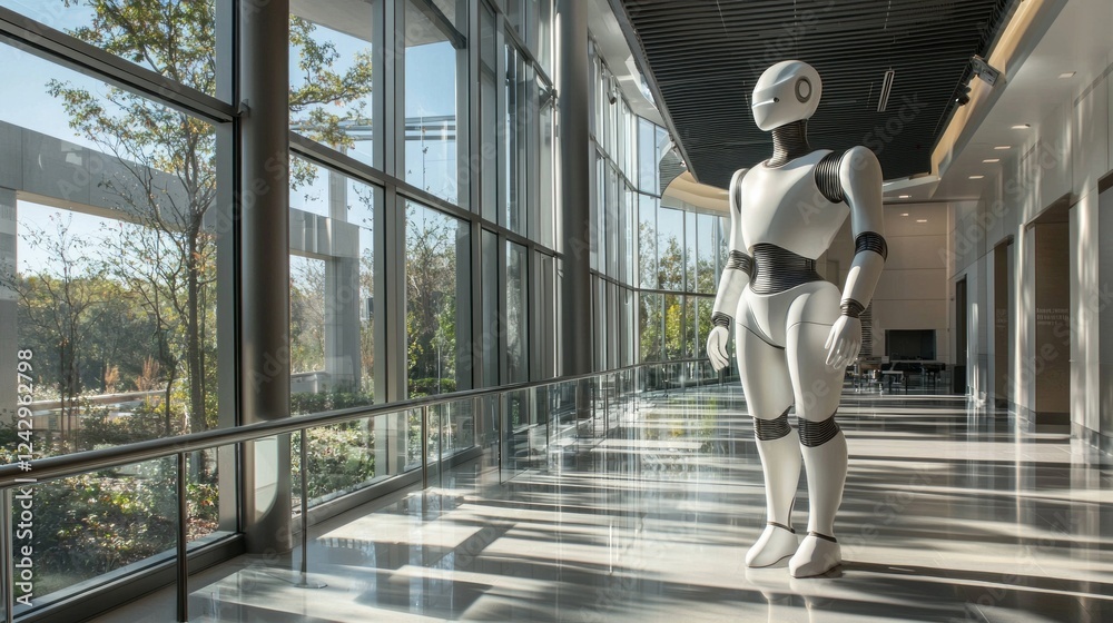 Poster in a sunlit modern atrium, a humanoid robot captures attention with its sleek design and advanced fe