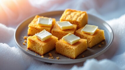 Delicious golden cornbread squares with butter on gray plate, warm lighting highlights textures