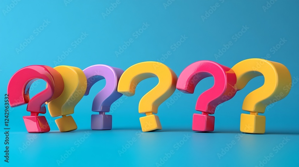 Poster colorful question marks standing in a row on blue background