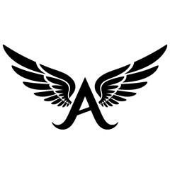 Fototapeta premium Winged Letter A Black Logo Design, Black stylized letter A with symmetrical wings, creating a modern and minimalist logo design. Ideal for branding, aviation, or sports themes. 