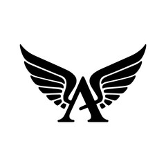Fototapeta premium Winged Letter A Black Logo Design, Black stylized letter A with symmetrical wings, creating a modern and minimalist logo design. Ideal for branding, aviation, or sports themes. 