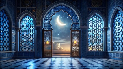Crescent moonlight streams into the interior of the Islamic mosque through the arch