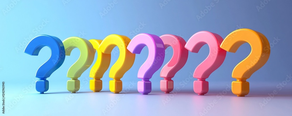 Poster Row of colorful question marks on blue background posing question