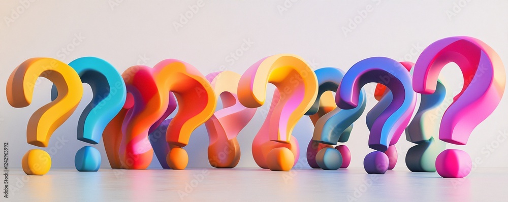 Poster colorful question marks posing unsolved problems