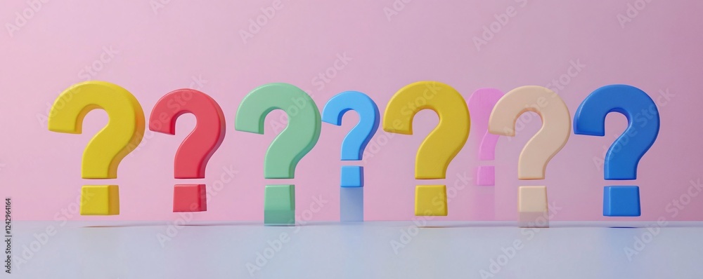 Poster Row of colorful question marks on pastel background is creating confusion
