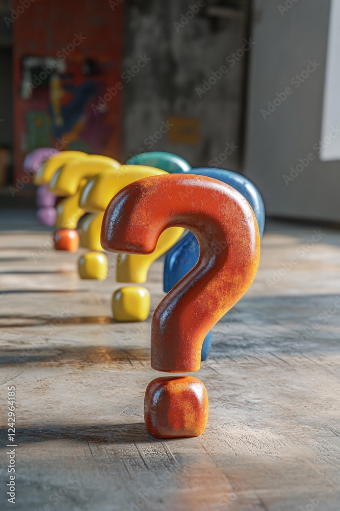 Poster colorful question marks standing on concrete floor in line