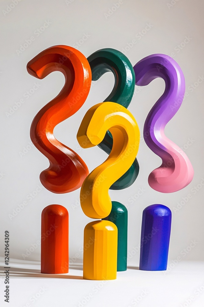 Poster colorful question marks balancing on colorful cylinders on white background