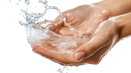 pair of hands gracefully catching dynamic splash of clear water, symbolizing purity and freshness. water droplets are captured mid air, creating sense of motion and vitality