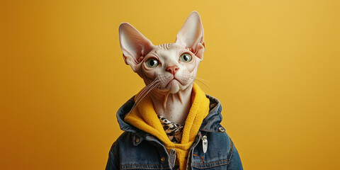 Trendy Hairless Cat Fashionista Portrait in Jacket and Collar, Magazine Cover Look, Generative AI