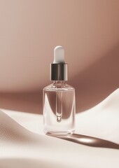 3d rendering of a small glass dropper bottle with a white dropper cap. the bottle is placed on a light pink background with a subtle wave-like pattern on the right side.