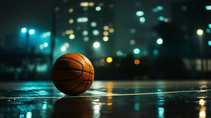 Obraz premium A basketball resting on an outdoor court with city lights illuminating the background, highlighting the urban sports scene at night.