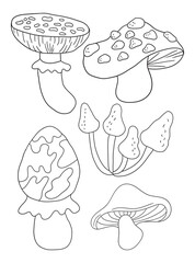 Beautiful hand-drawn mushroom illustration in black and white, ideal for coloring books. Detailed line art, perfect for kids and adults who love nature and creativity