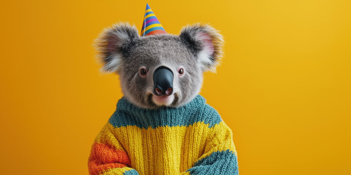 Stylish Koala Wearing Vibrant Clothing on Solid Background with Advertising Space, Generative AI