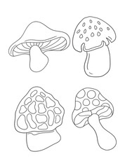 Beautiful hand-drawn mushroom illustration in black and white, ideal for coloring books. Detailed line art, perfect for kids and adults who love nature and creativity