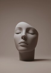 3d rendering of a human head with closed eyes. the head is made of a light-colored material and is placed on a plain beige background. the eyes are closed and appear to be peaceful and serene.