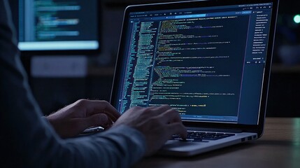 Person Coding on Laptop at Night