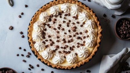 Chocolate cream pie with whipped topping, enclosed in a stylish cafe-inspired border.