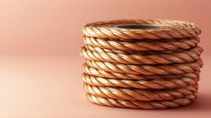 Obraz premium Stack of Golden Twisted Rope Cord Craft Supplies Texture Background Artisan Design Element