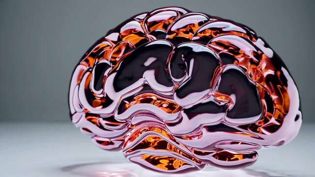 a translucent pink-and-orange glass brain on a white background.