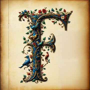 Ein kunstvoll illuminiertes mittelalterliches &bdquo;F&ldquo; mit goldenen Verzierungen, floralen Mustern und versteckten Fabelwesen auf gealtertem Pergament. Reichhaltige Farben betonen die historische Eleganz