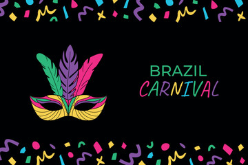 Obraz premium Brazil carnival banner, poster, flyer. Happy Purim. Mardi gras carnival and festival. Colorful template with confetti, masks and place for text. Vector.