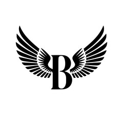 Naklejka premium Winged Letter B Black Logo Design , Black letter B with symmetrical wings, forming a stylish and modern logo. Perfect for branding, aviation, sports, or business identity. 