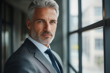 Fototapeta premium distinguished silver-haired executive in modern office setting, professional corporate portrait with natural window lighting