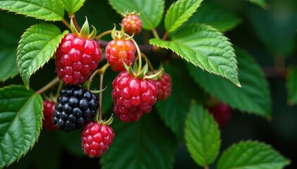 Raspberries and blackberries entwined in a bush, greenery, nature, leaves