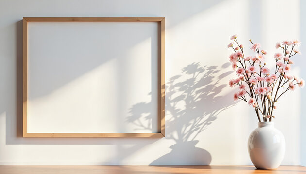 Minimalist wooden frame with pink flowers in vase, serene interior decoration - Powered by Adobe
