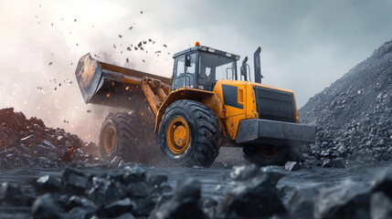 powerful front end loader pours rocks onto pile, creating dynamic scene with flying debris and dust under cloudy sky. machine bright yellow color contrasts with dark rocks and overcast atmosphere