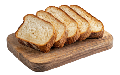 Sliced white bread on wooden cutting board, isolated on transparent cutout background