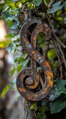 Rusty S-shaped metal garden ornament on vine
