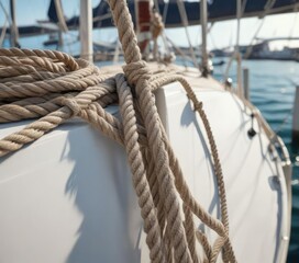Fototapeta premium Ropes secured to cleats on a sailboat in the harbor, mooring, nautical