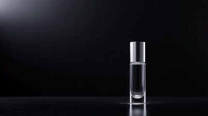 Black and white photograph of a perfume bottle. the bottle is made of clear glass and has a cylindrical shape with a silver cap. it is placed on a black surface with a reflective surface.