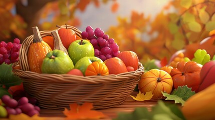 Vibrant autumn fruits in a decorative basket.