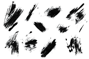 Set of black abstract brush strokes, isolated on transparent cutout background