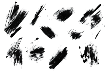 Set of black abstract brush strokes, isolated on transparent cutout background