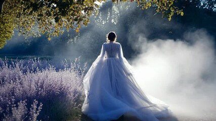 Bride in a flowing white gown walks through a misty lavender field during the golden hour of sunset - Powered by Adobe