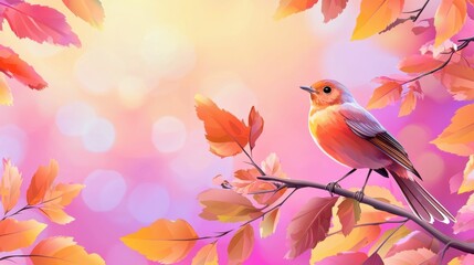 Obraz premium Vibrant bird amidst colorful autumn leaves.